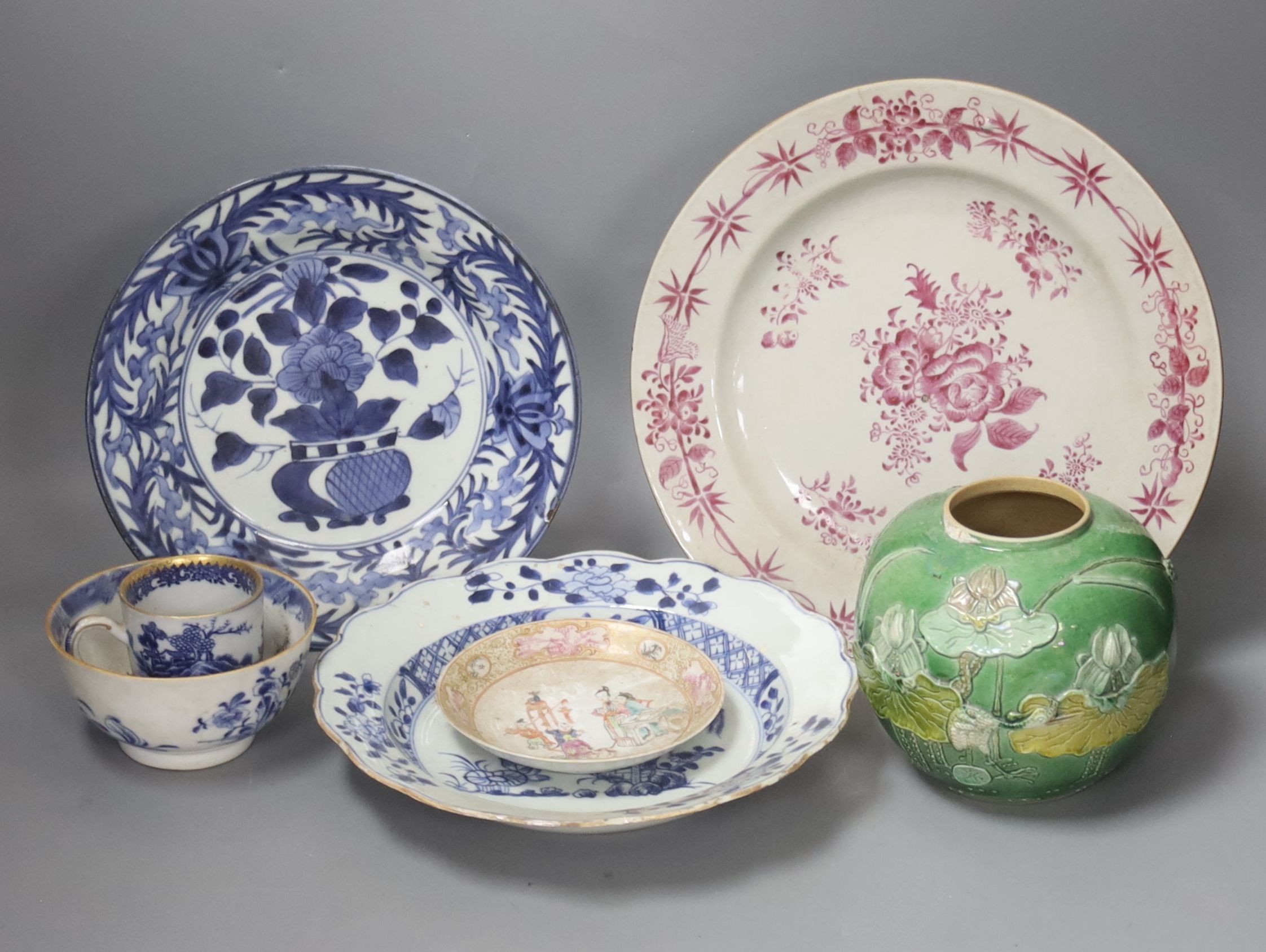 A group of Chinese porcelain plates and a jar, 18th/19th century and an 18th century Japanese Arita blue and white plate, 21.5cm